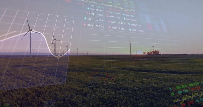 Wind turbines standing in open farmland at sunset, with line chart grid and stock ticker overlay - Powered by Adobe