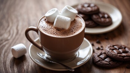 A cup of hot chocolate topped with marshmallows and cookies on a wooden table.
