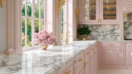 Elegant Pink Kitchen with Marble Countertop and Gold Accents Bright Natural Light