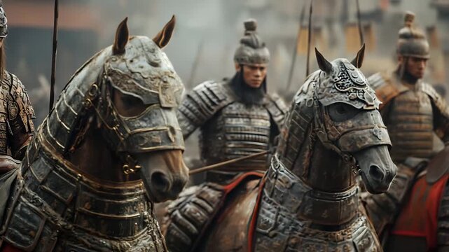 An ancient Chinese battlefield with warriors and horses 