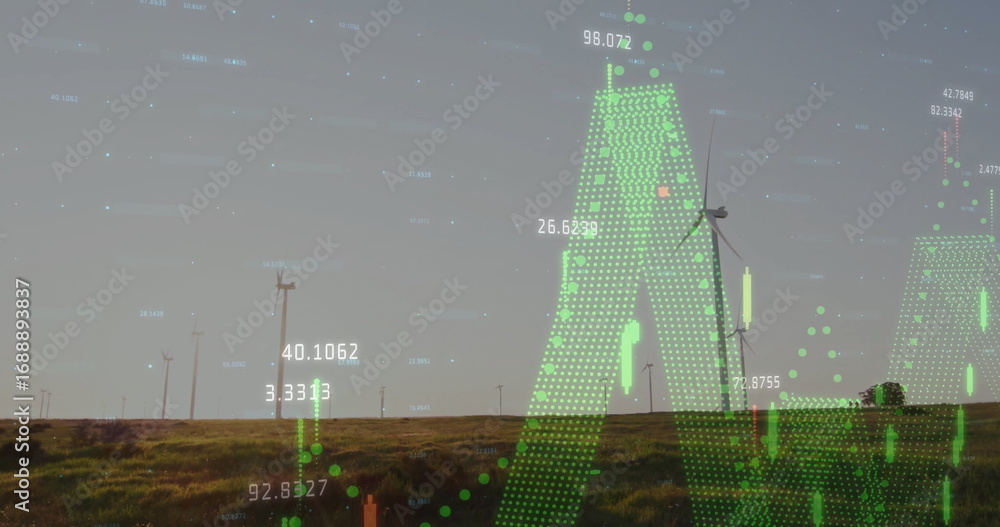 Aufkleber displaying single wind turbine showing energy output on grassy plain, with green red data overlay