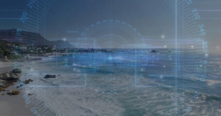 Displaying HUD overlaying rocky beach at village base, showing reticle, compass scale, grid lines