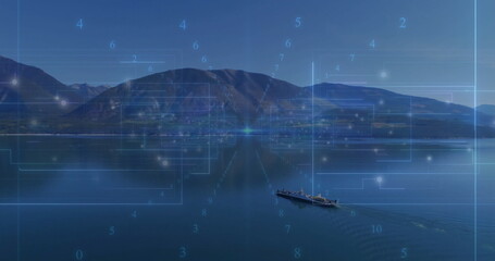 Gliding cargo vessel crossing lake water, with numbered nodes, interface panels, copy space
