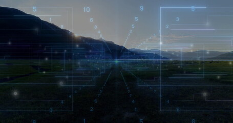 Projecting grid lines circuit paths with glowing numeric markers and central node over green valley