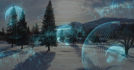 Projecting holographic globe casting data rings over snow ground, with fir trees, copy space