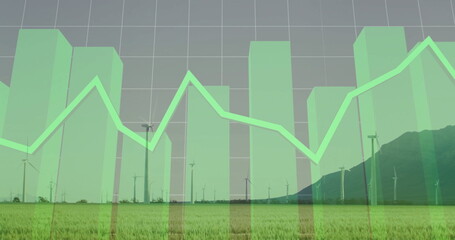 Green bar and line charts overlaying wind turbines on grassy plain, hill, gray grid backdrop
