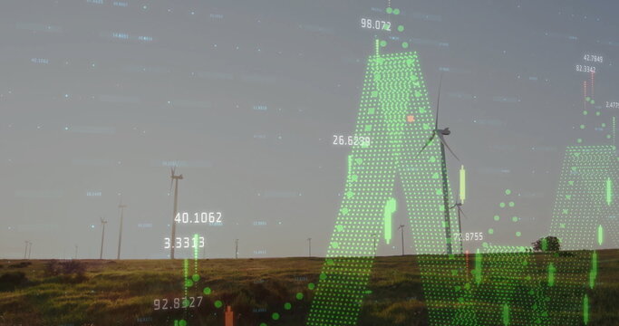 Displaying single wind turbine showing energy output on grassy plain, with green red data overlay - Powered by Adobe
