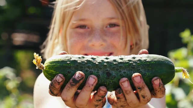 Happy child shows off a fresh cucumber from the garden harvest