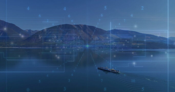 Gliding cargo vessel crossing lake water, with numbered nodes, interface panels, copy space