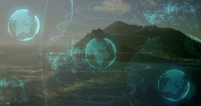 Floating teal globe icon cluster across coast at dusk, showing dotted rings, nodes and lines - Powered by Adobe