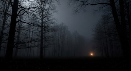 Naklejka premium Eerie forest path with glowing light at the end evokes mystery and suspense for creative projects