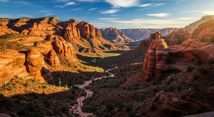 Aerial view of a winding river through a red rock canyon under a blue sky with scattered clouds