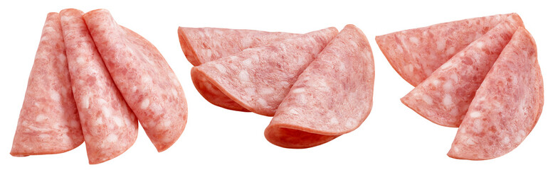 Salami slices, smoked Sausage, isolated on white background, full depth of field
