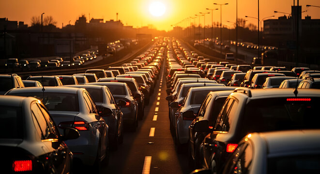 Golden hour traffic jam endless rows of cars on a highway at sunset