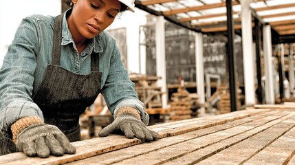 Professional woman carpenter skillfully lifting wooden planks in workshop showcasing craftsmanship and dedication