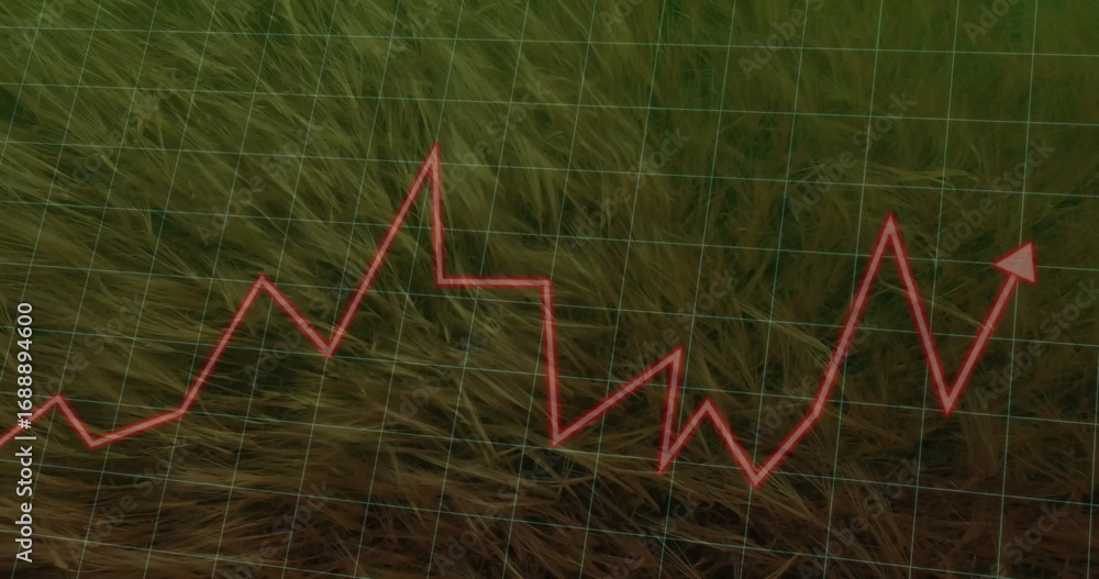 Poster displaying red zigzag line graph with arrow fluctuating on tall dry grass with green grid overlay