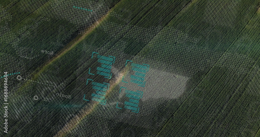 Poster overlaying drone telemetry graphics on orchard rows from drone view, showing crosshair reticle