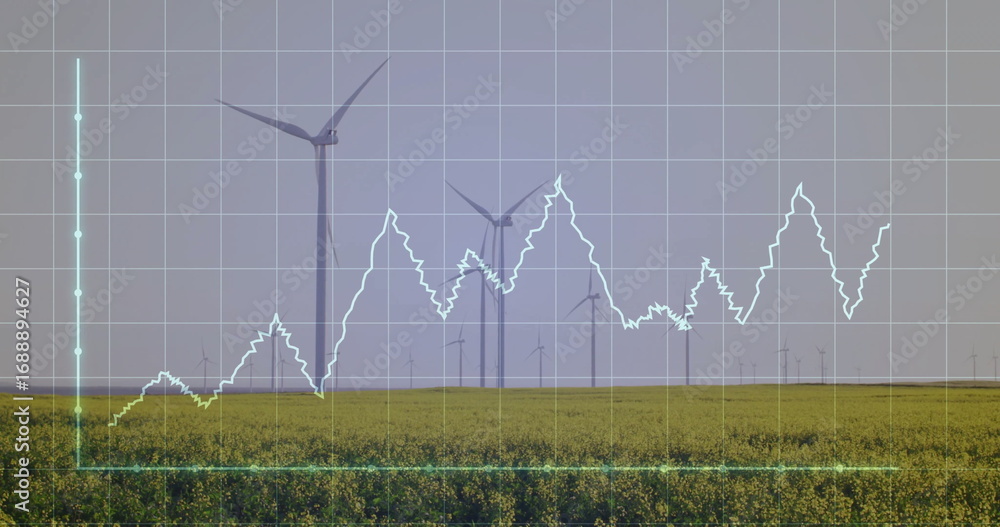 Poster displaying grid overlay tracing varying white line graph across flowering field, with wind turbines