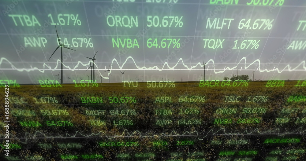 Poster displaying spinning wind turbines on grassy plain, under floating ticker symbols and line charts