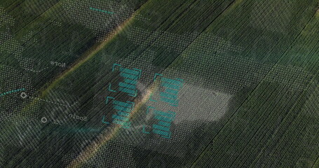 Overlaying drone telemetry graphics on orchard rows from drone view, showing crosshair reticle