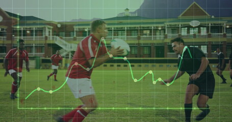 Holding rugby ball, Hispanic player charging on grass pitch near brick pavilion, with line graph