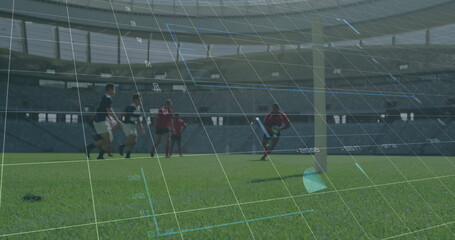 Seven male soccer players defending near goal line on grass pitch, with ball, digital overlay grid