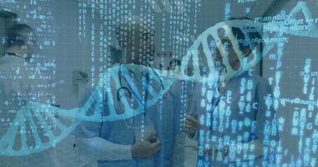 Two doctors wearing scrubs analyzing data in hospital corridor with stethoscopes DNA code overlays