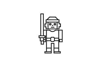 Line Art Pixelated Warrior with Sword, Retro Style vector, on White Background