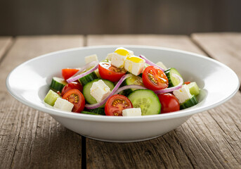 Descriptive Name: Fresh Greek Salad in White Bowl: A close-up, appetizing shot of a vibrant Greek-style salad served in a white bowl on a rustic wooden table, featuring chopped cucumbers, halved cherr