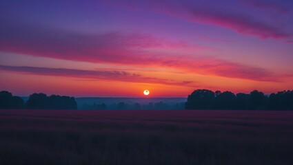 Obraz premium Sunset over a landscape with the sun near the horizon and colorful sky with shades of pink and purple.