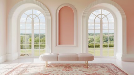 Elegant Pink Wall with Large Arched Windows and White Bench in Bright Living Room