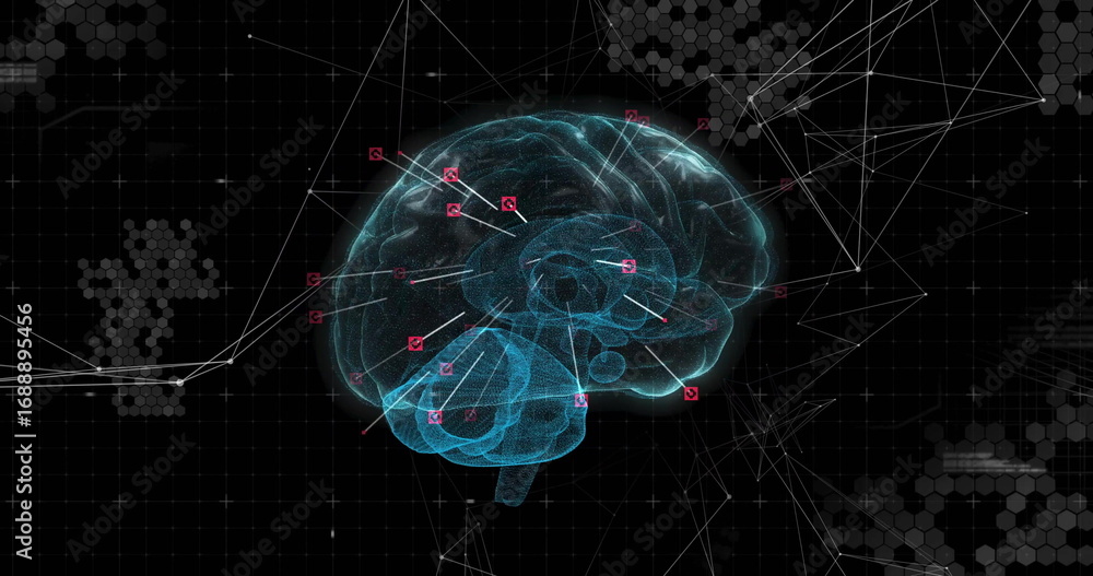 Aufkleber displaying holographic 3d brain floating in dark grid matrix space, with red nodes and white lines