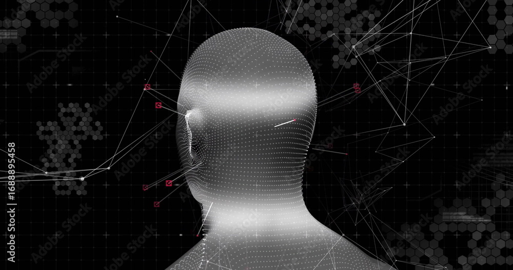 Poster featuring 3d mesh head hovering in digital network interface, with connecting lines and red nodes