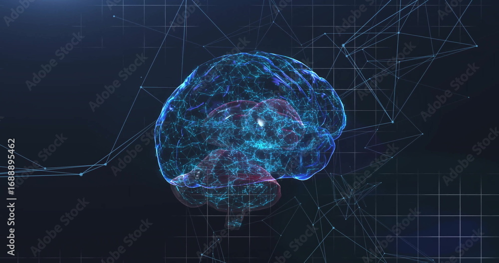 Poster showing 3d brain model glowing neural nodes and filaments in navy wireframe grid with network lines