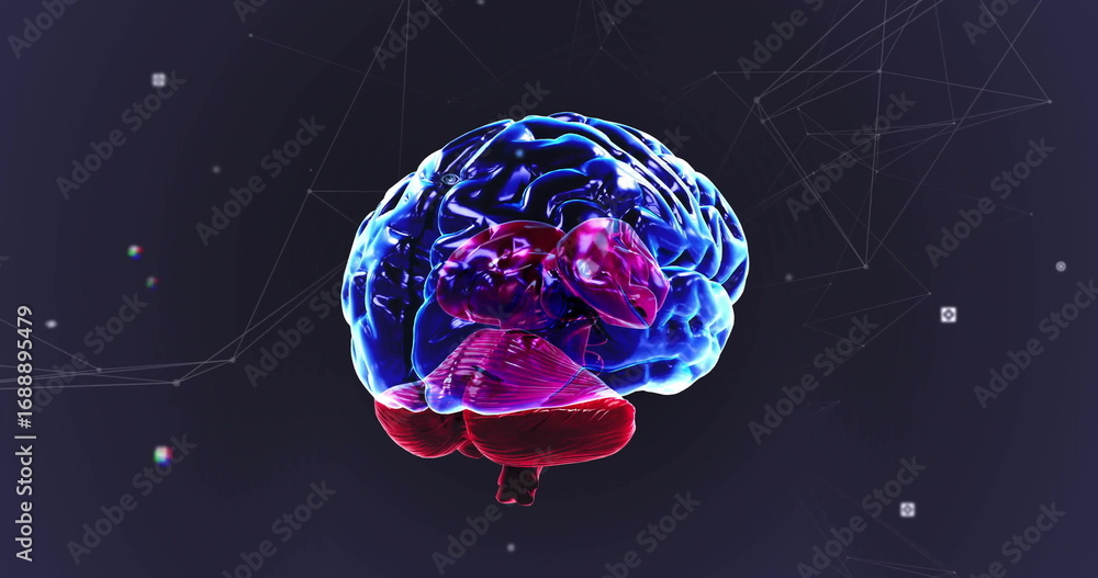 Poster floating 3d-rendered brain model glowing in dark violet digital environment, with network nodes