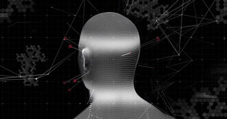 Featuring 3D mesh head hovering in digital network interface, with connecting lines and red nodes
