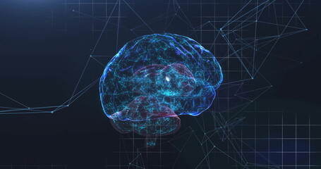 Showing 3D brain model glowing neural nodes and filaments in navy wireframe grid with network lines
