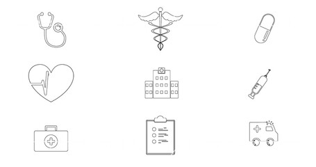 Featuring grid of nine medical icons on backdrop showing stethoscope, caduceus, pill and ambulance