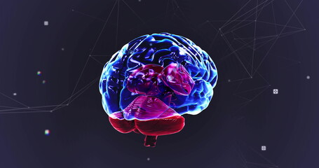 Floating 3D-rendered brain model glowing in dark violet digital environment, with network nodes