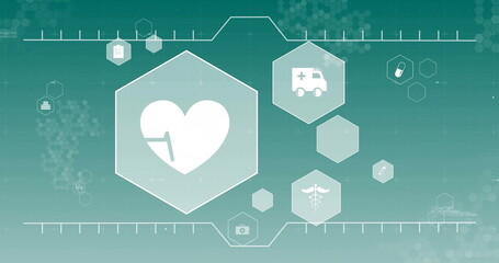 Displaying large hexagonal panel showing ECG line on medical UI, with ambulance caduceus pill icons