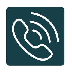 Simple white outline of a telephone handset with sound waves on a dark teal square background