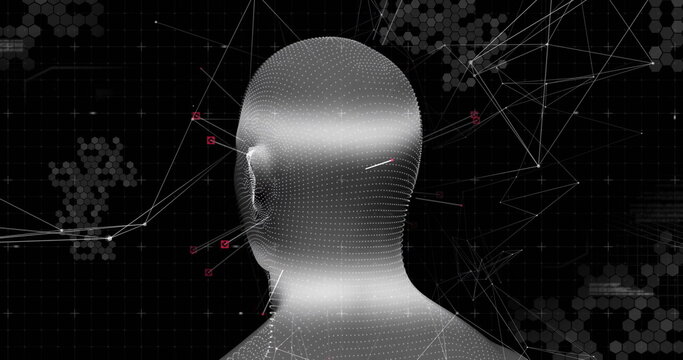 Featuring 3D mesh head hovering in digital network interface, with connecting lines and red nodes