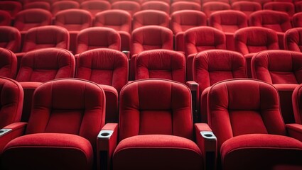 Fototapeta premium Rows of red theater or cinema seats with plush upholstery and armrests arranged in a pattern.