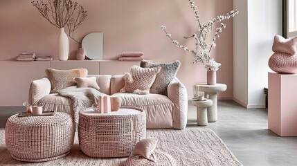 Elegant Pink Living Room Sofa with Cushions and Decor in Soft Pastel Tones