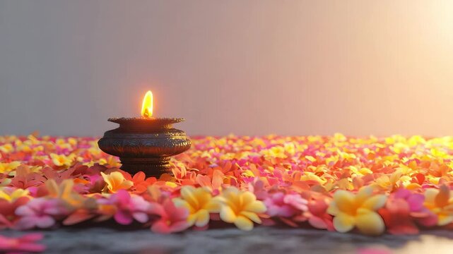 Festival of Onam with flower carpet and lamp 