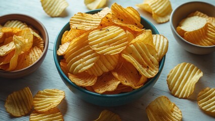 Bowl of potato chips with ridged texture surrounded by additional chips and two bowls of chips on a light background