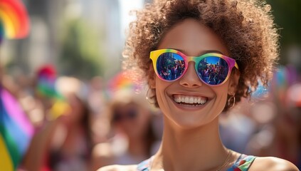 Happy woman at the pride parade wearing rainbow sunglasses and smiling against the backdrop of a bright crowd celebrating.