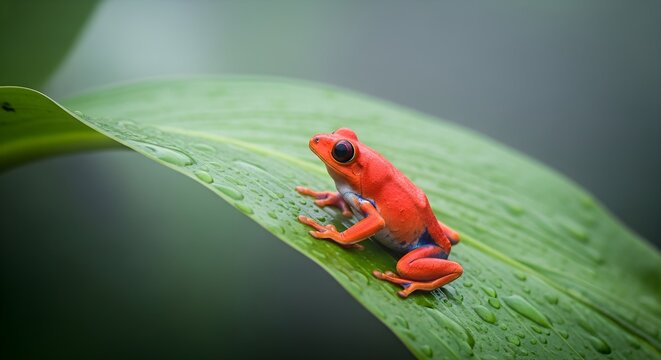 Vibrant granular poison frog resting on a large tropical leaf with raindrops. Eye-catching close-up of the amphibian in its natural rainforest habitat. - Powered by Adobe