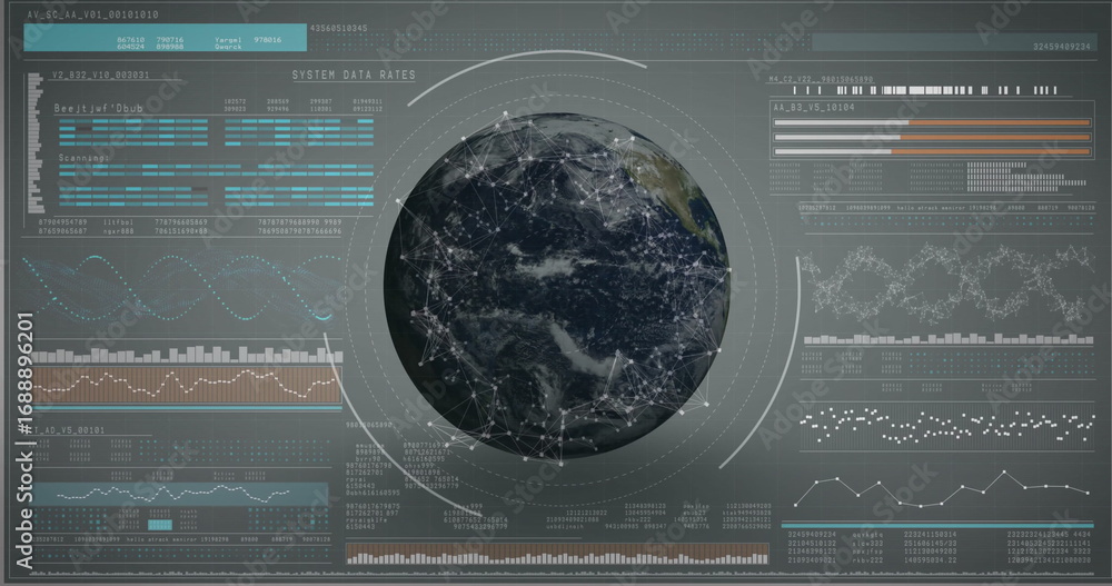 Poster displaying 3d-rendered globe with network nodes and panels in control center, with waveform charts