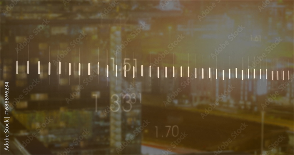 Poster displaying horizontal gauge overlay spanning riverside skyline at dusk, with tick marks and numbers